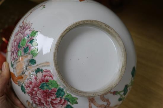 A Chinese Qianlong period famille rose punch bowl and four other Qianlong period porcelain bowls diameter 38.8cm